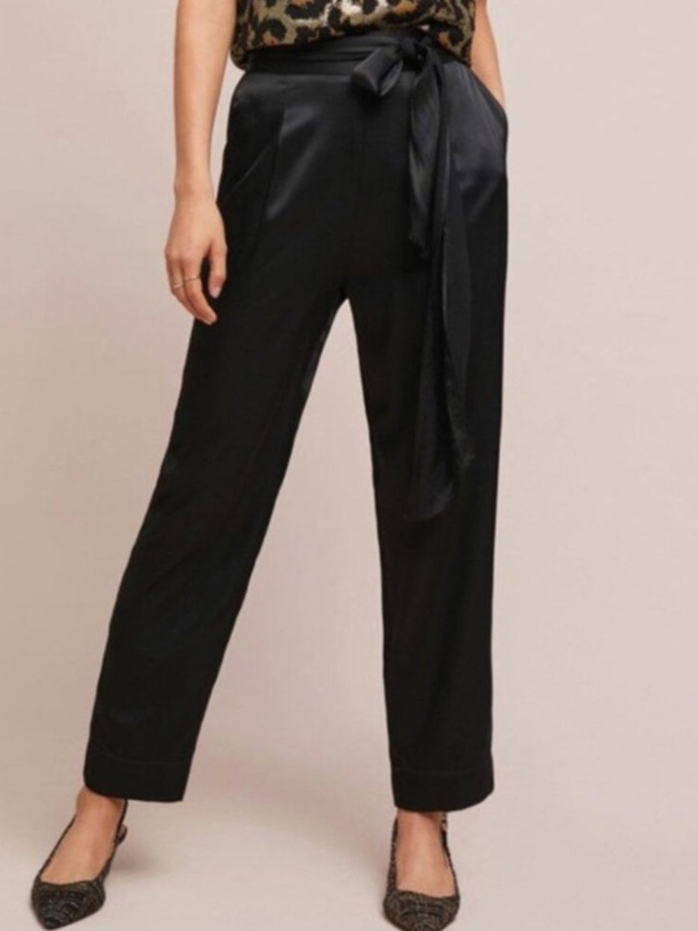 Anthropologie ett:twa Black Satin Tie Waist High Waist Tapered Pants Size 4